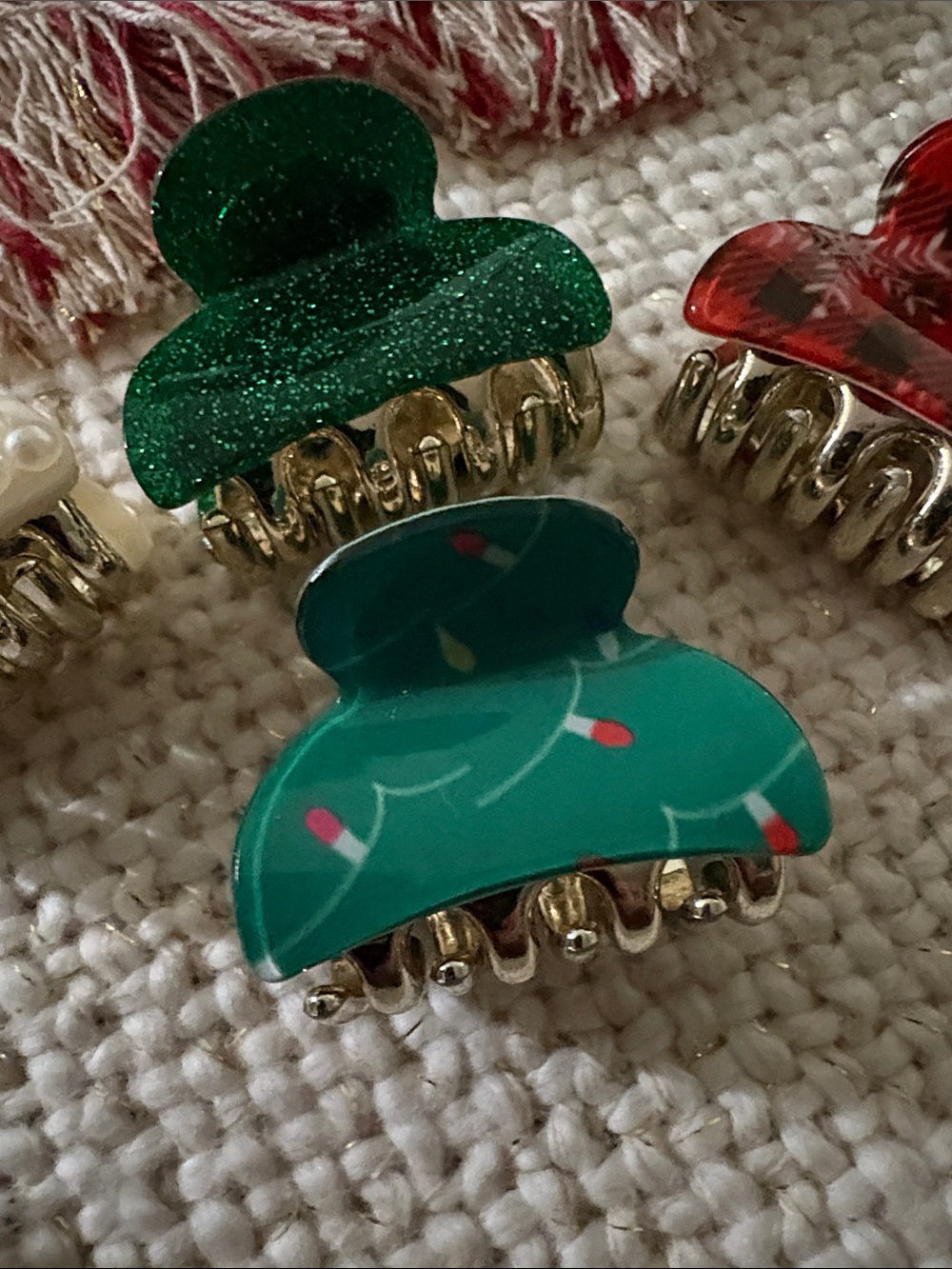 Holiday Mini Hair Claw Clip Set - Pearl, Green Glitter, Teal Print, Red Plaid - Picture 3 of 5